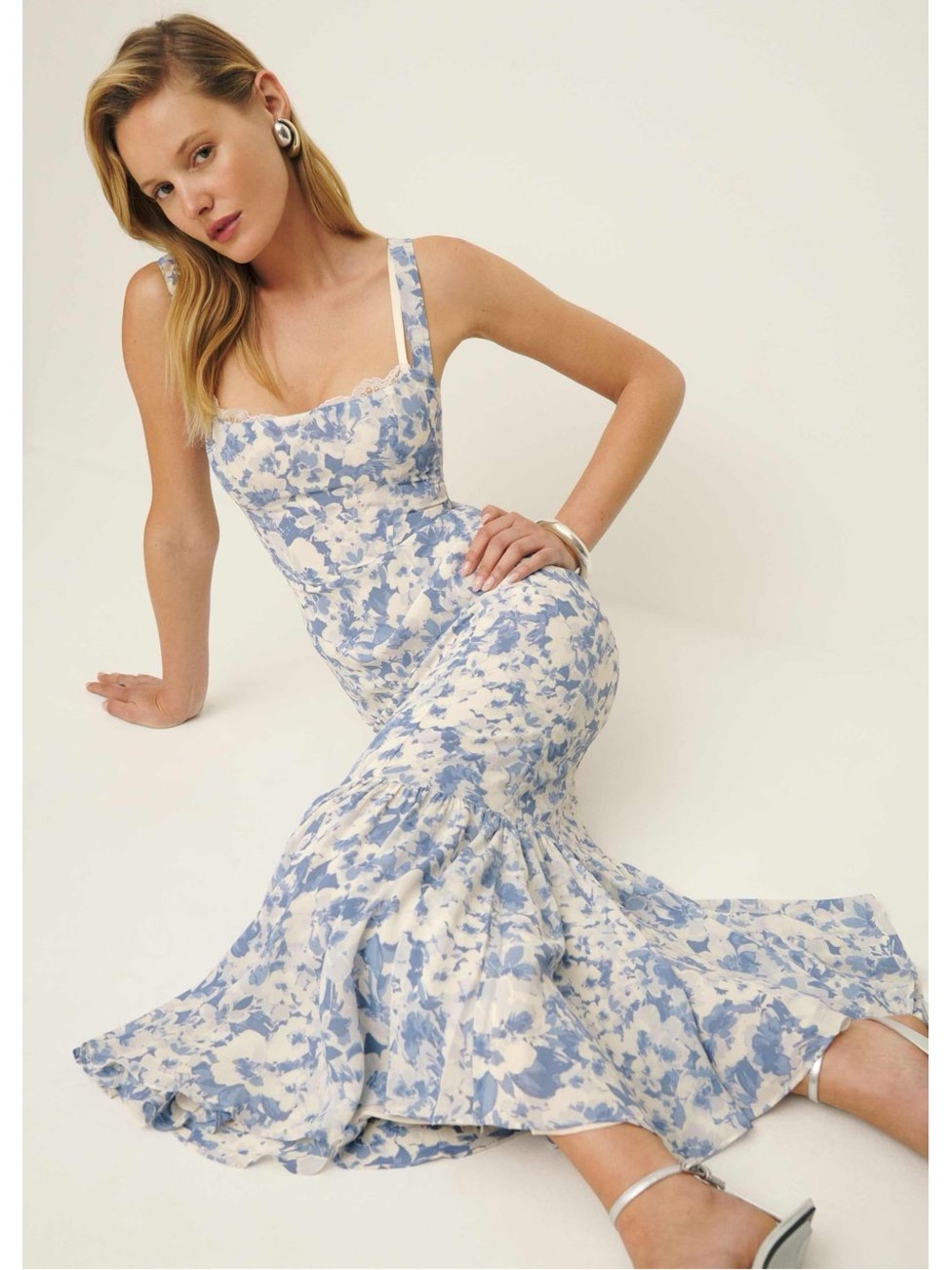Reformation Irisa Dress Blue Floral Lace Fit and Flare Midi Garden Party Dress 4
